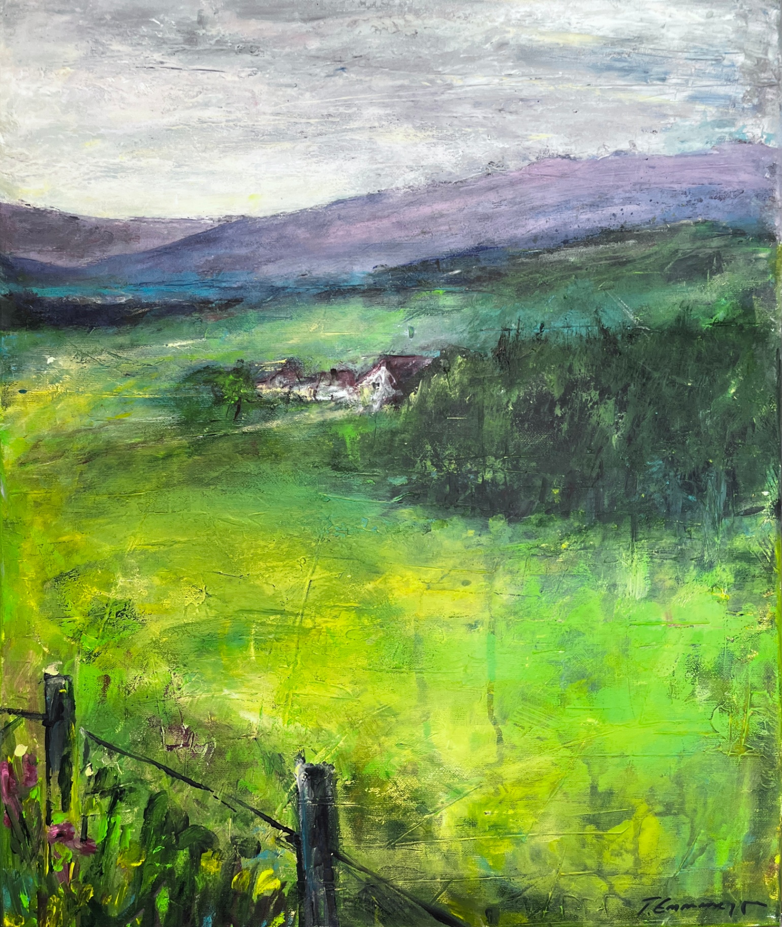 Landschaftsgemälde von Theres Emmenegger — Wiese, Hügel und Berge